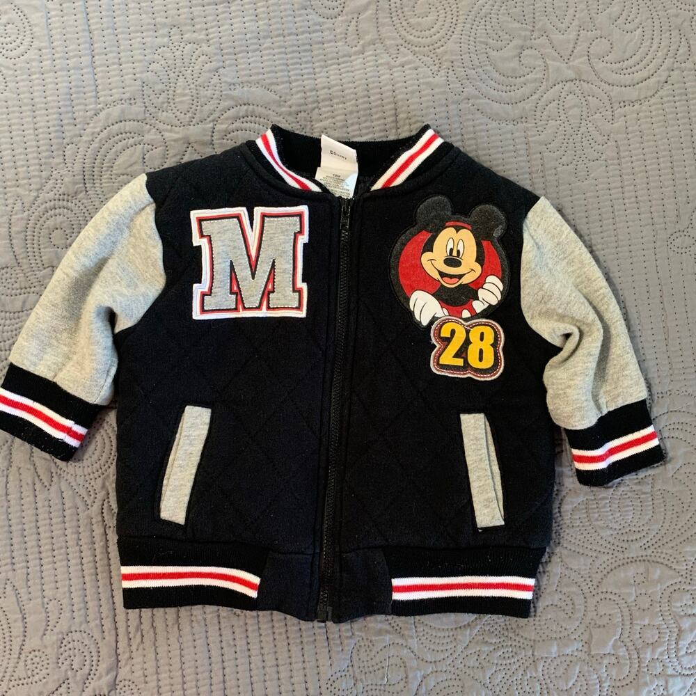 Disney 18M Mickey Mouse Varsity Jacket – Quilted Black Body, Gray Sleeves, “M”